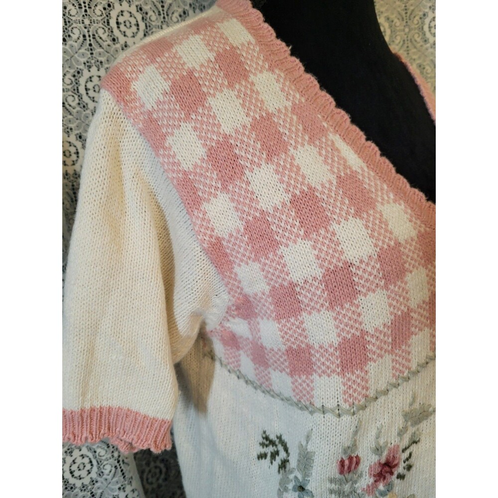 Vintage 90s Knit & Pearl Collectibles Patchwork Sweater Large Cotton Ramie Pink - Picture 5 of 16